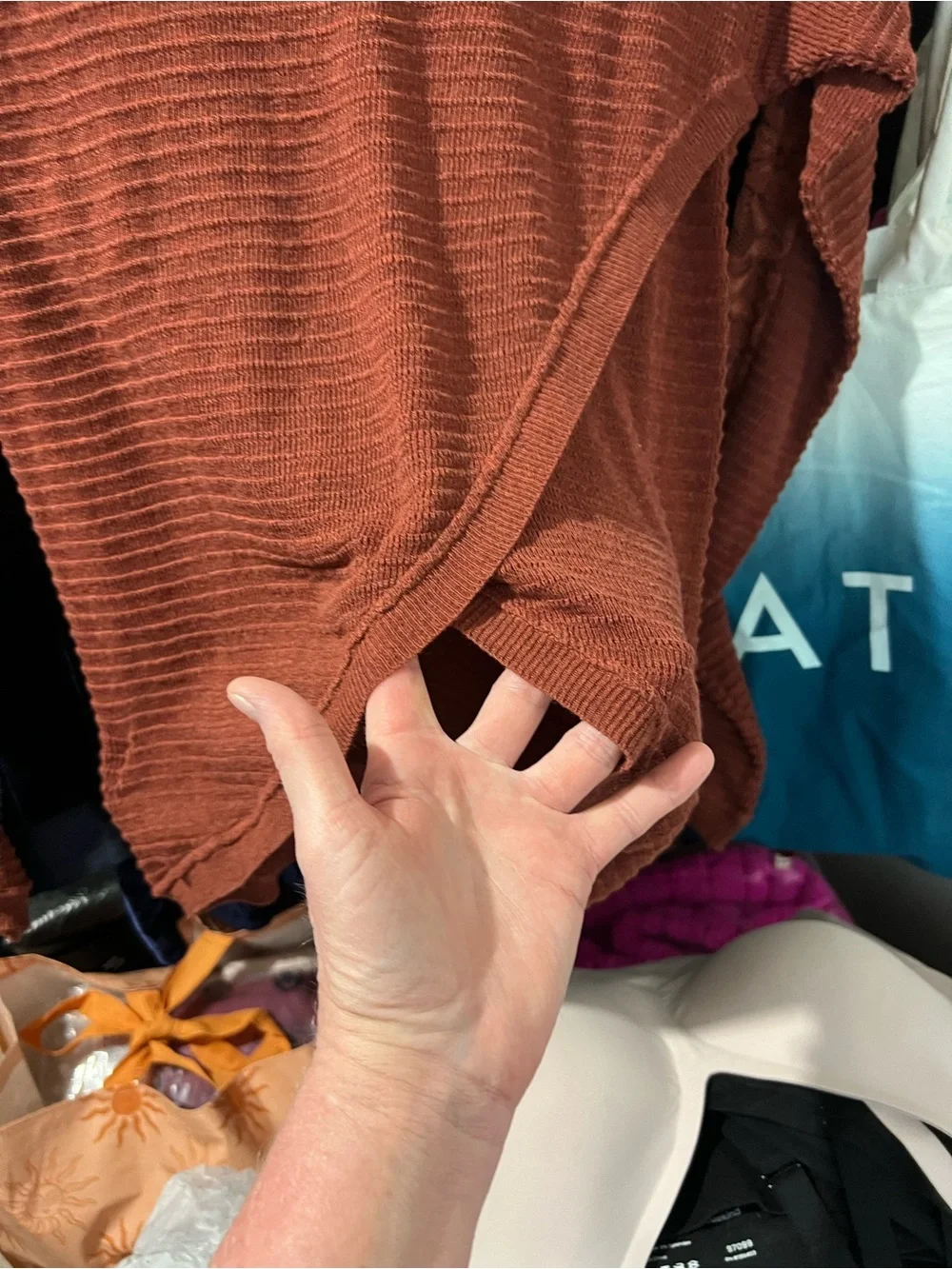 Free People Split - Back Boat Neck Rust /Terracotta Lace-Trim Sweater
